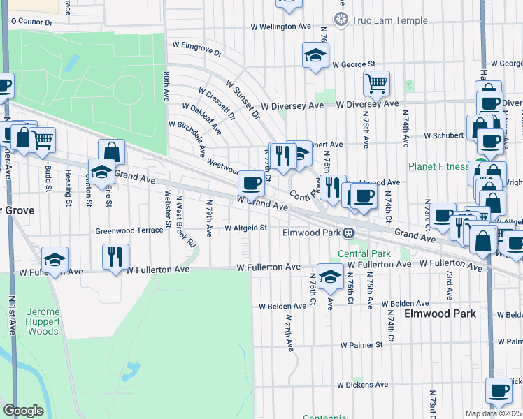 map of restaurants, bars, coffee shops, grocery stores, and more near 7750 West Grand Avenue in Elmwood Park