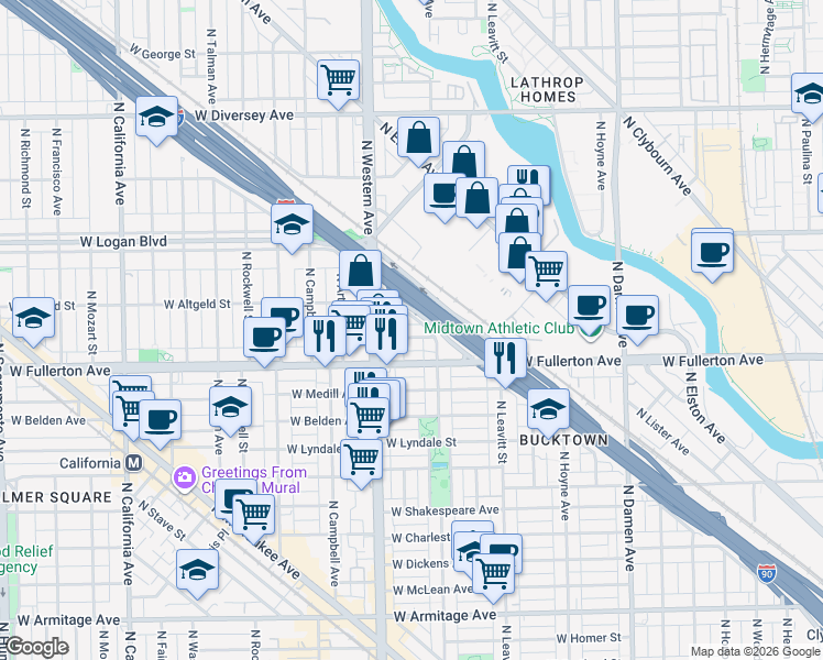 map of restaurants, bars, coffee shops, grocery stores, and more near 2320 West Altgeld Street in Chicago