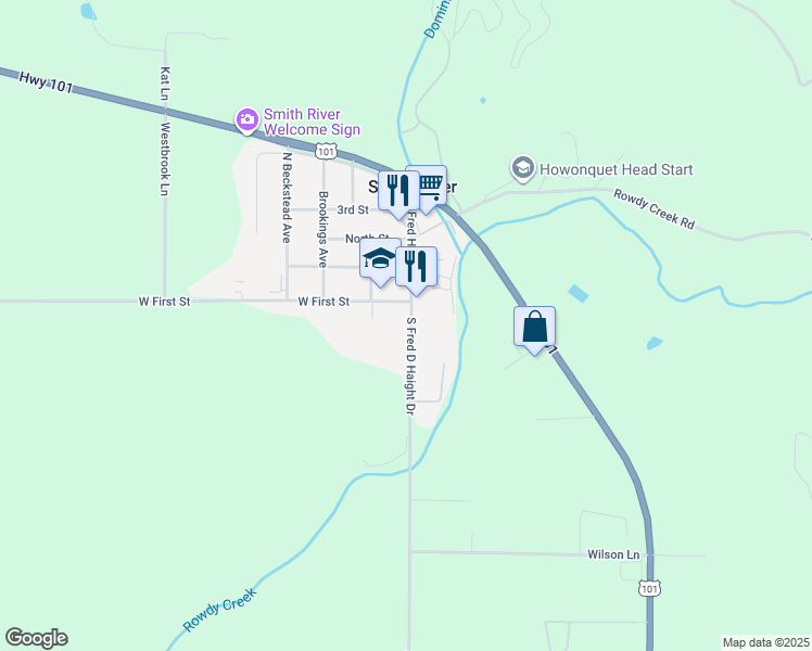 map of restaurants, bars, coffee shops, grocery stores, and more near 100 South Fred D Haight Drive in Smith River