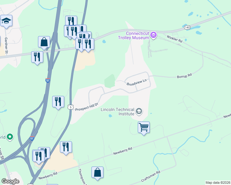 map of restaurants, bars, coffee shops, grocery stores, and more near 44 Prospect Hill Drive in East Windsor
