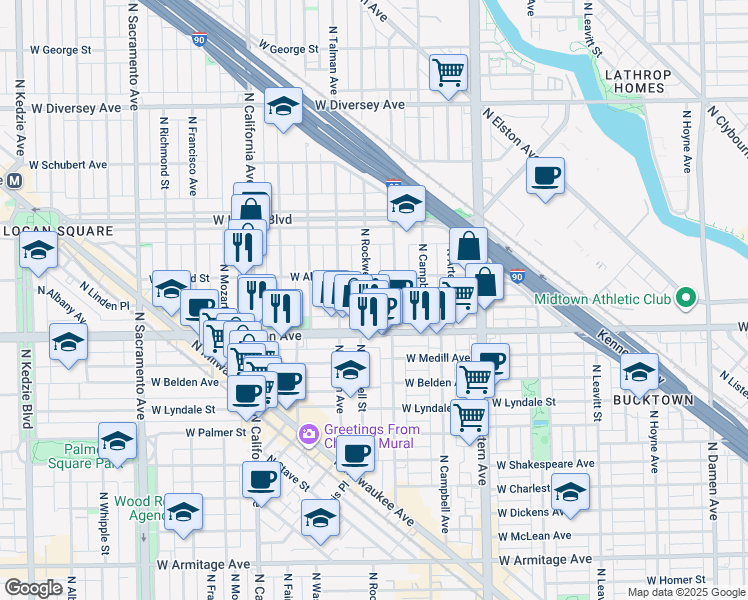 map of restaurants, bars, coffee shops, grocery stores, and more near 2431 North Rockwell Street in Chicago