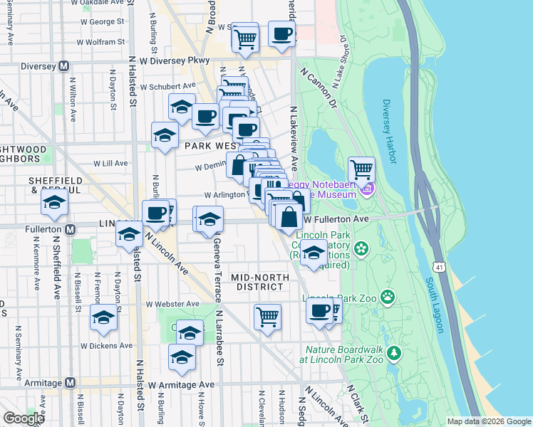 map of restaurants, bars, coffee shops, grocery stores, and more near 444 West Fullerton Parkway in Chicago