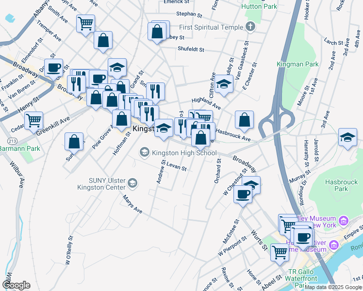map of restaurants, bars, coffee shops, grocery stores, and more near 396 Broadway in Kingston