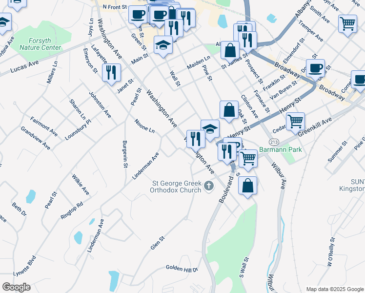 map of restaurants, bars, coffee shops, grocery stores, and more near 105 Washington Avenue in Kingston