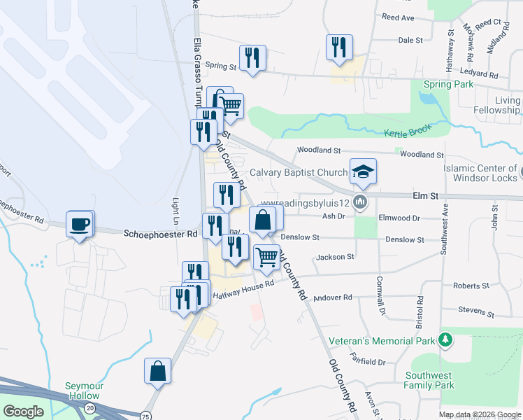 map of restaurants, bars, coffee shops, grocery stores, and more near 58 Old County Road in Windsor Locks