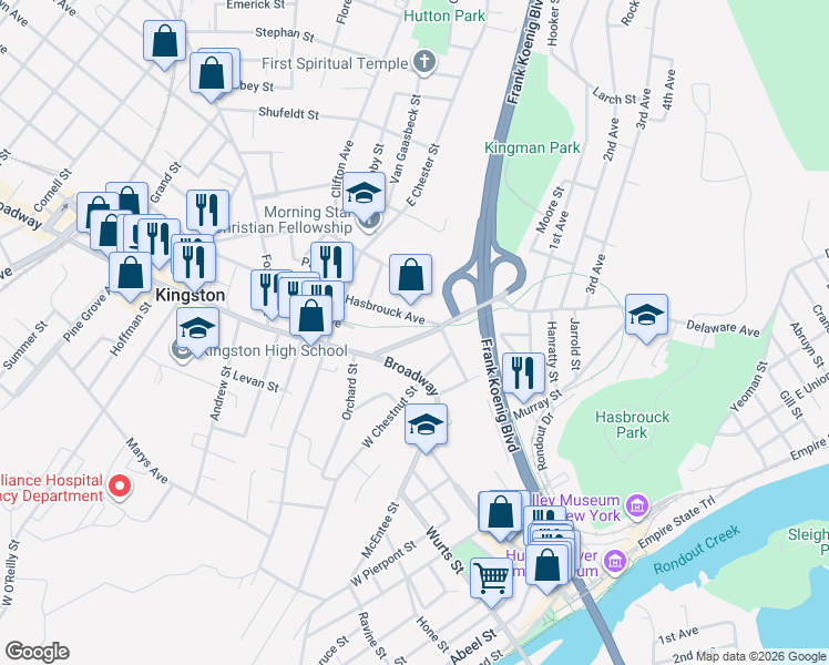 map of restaurants, bars, coffee shops, grocery stores, and more near 272 Hasbrouck Avenue in Kingston