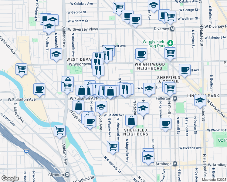 map of restaurants, bars, coffee shops, grocery stores, and more near 1320 West Fullerton Avenue in Chicago