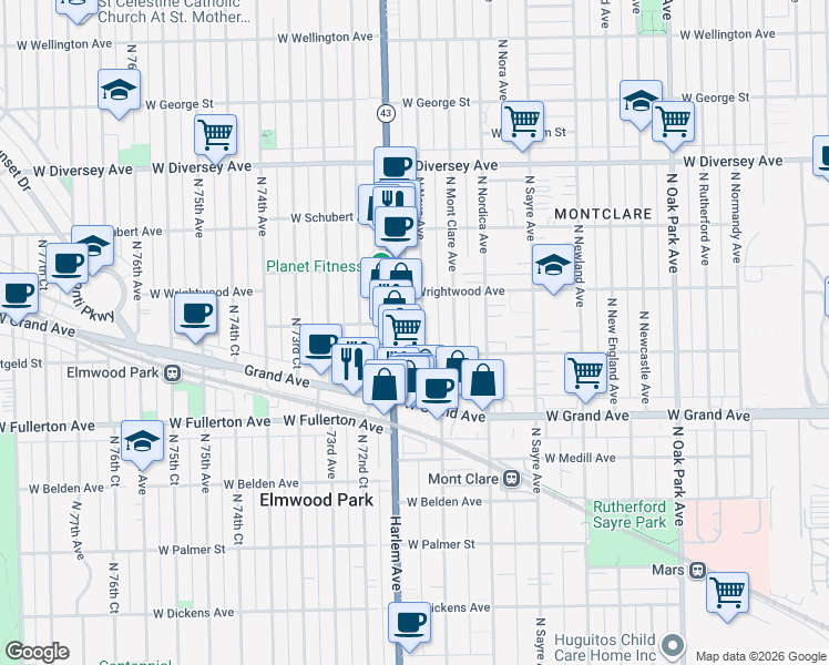 map of restaurants, bars, coffee shops, grocery stores, and more near 2536 North Neva Avenue in Chicago