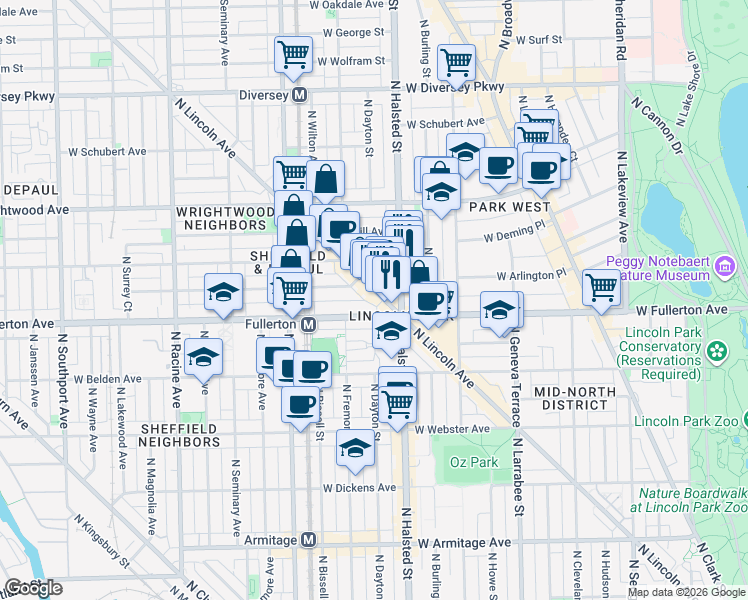 map of restaurants, bars, coffee shops, grocery stores, and more near 2431 North Lincoln Avenue in Chicago
