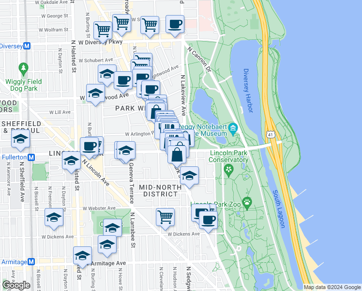 map of restaurants, bars, coffee shops, grocery stores, and more near 2430 North Lakeview Avenue in Chicago