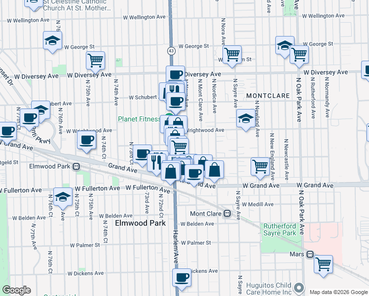 map of restaurants, bars, coffee shops, grocery stores, and more near 2520 North Neva Avenue in Chicago