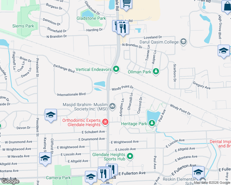 map of restaurants, bars, coffee shops, grocery stores, and more near 230 Windy Point Drive in Glendale Heights