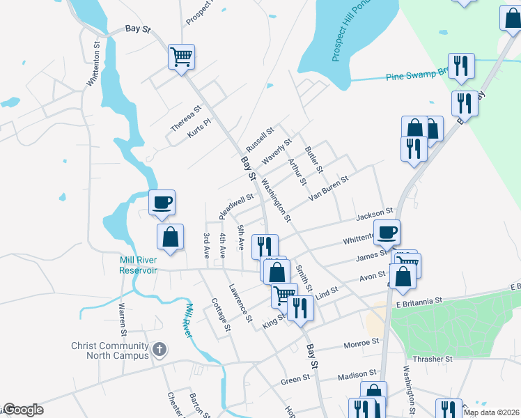 map of restaurants, bars, coffee shops, grocery stores, and more near 542 Bay Street in Taunton