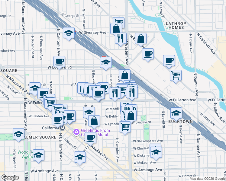 map of restaurants, bars, coffee shops, grocery stores, and more near 2453 North Campbell Avenue in Chicago