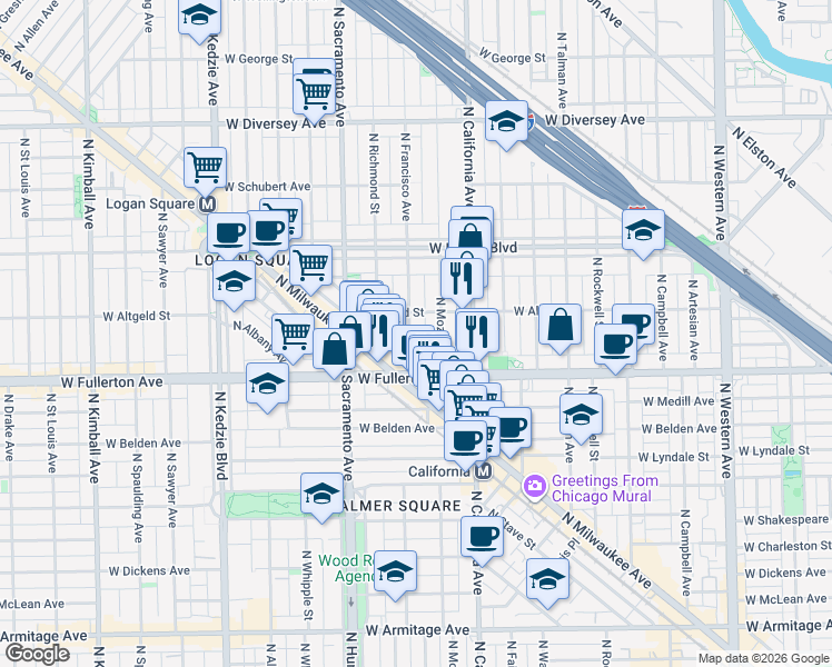map of restaurants, bars, coffee shops, grocery stores, and more near 2456 North Mozart Street in Chicago