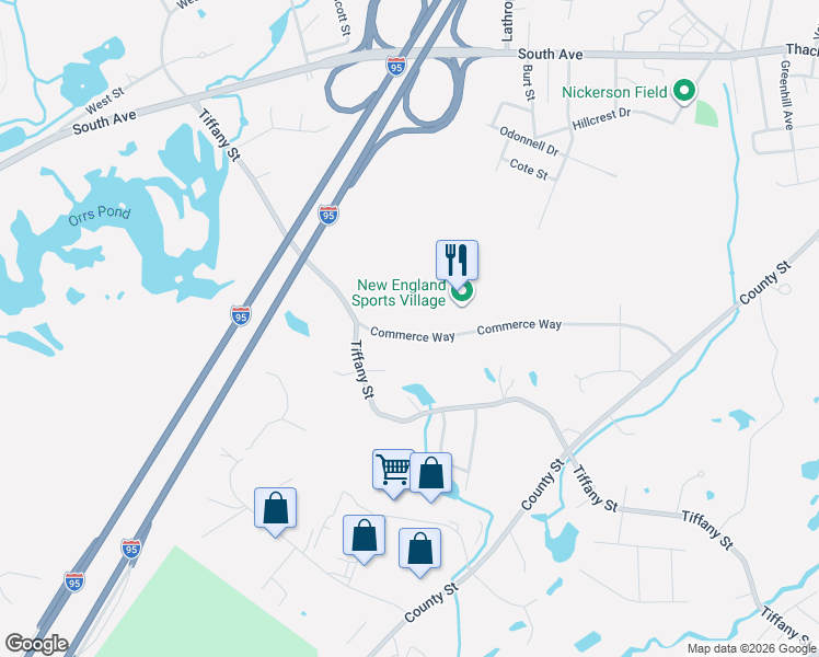 map of restaurants, bars, coffee shops, grocery stores, and more near 1365 Commerce Way in Attleboro