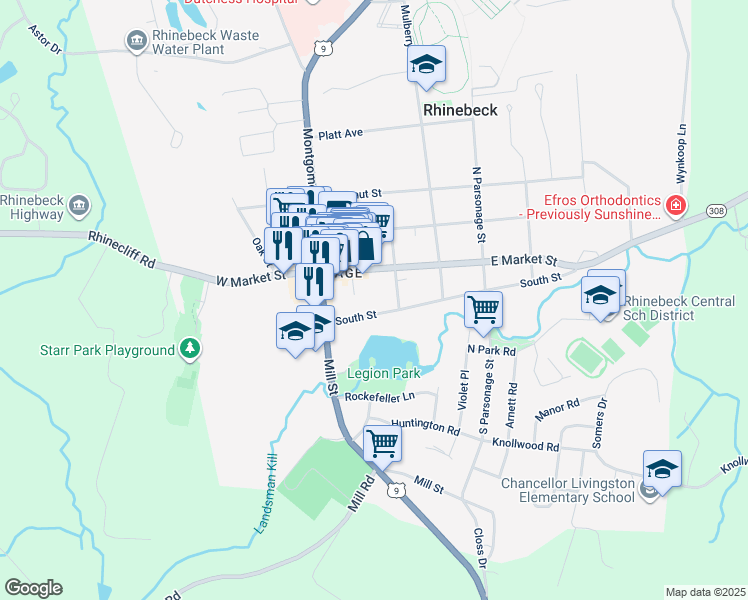 map of restaurants, bars, coffee shops, grocery stores, and more near 48 East Market Street in Rhinebeck