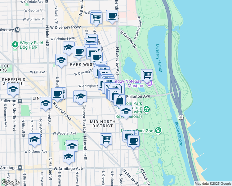 map of restaurants, bars, coffee shops, grocery stores, and more near 2430 North Lakeview Avenue in Chicago
