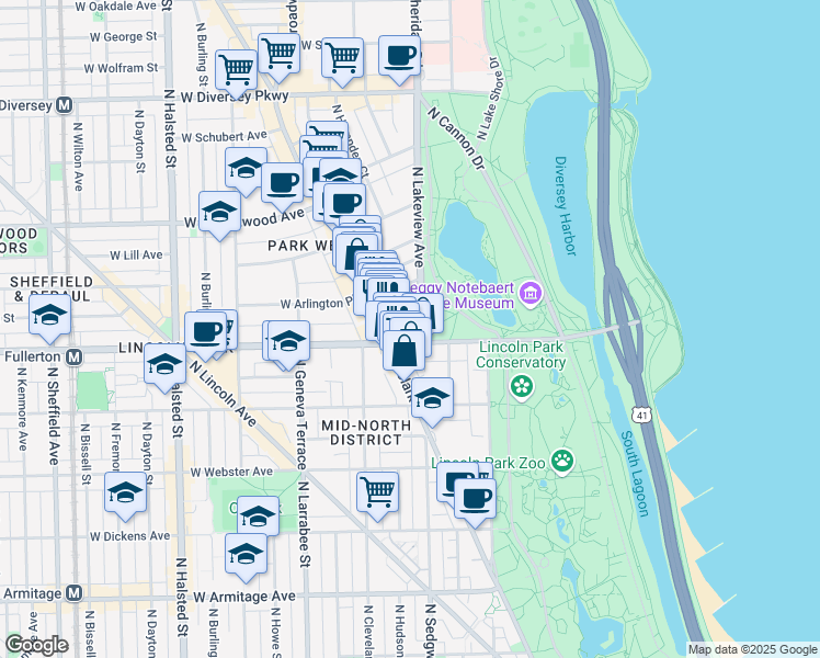 map of restaurants, bars, coffee shops, grocery stores, and more near 2430 North Lakeview Avenue in Chicago