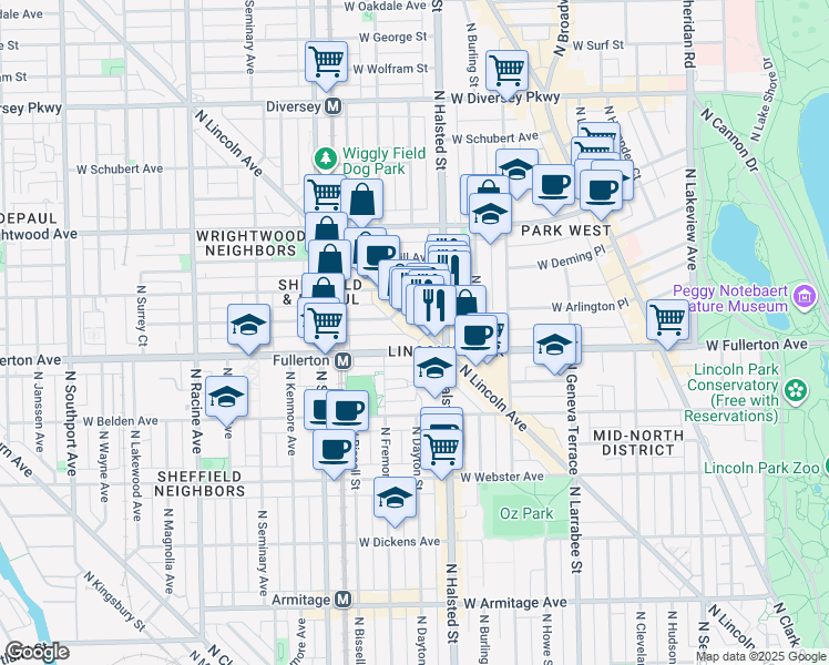 map of restaurants, bars, coffee shops, grocery stores, and more near 2431 North Lincoln Avenue in Chicago