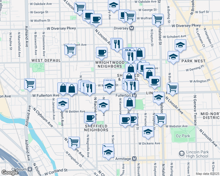 map of restaurants, bars, coffee shops, grocery stores, and more near 1122 West Montana Street in Chicago