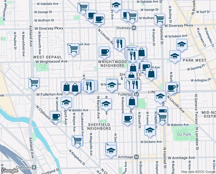 map of restaurants, bars, coffee shops, grocery stores, and more near 1122 West Montana Street in Chicago