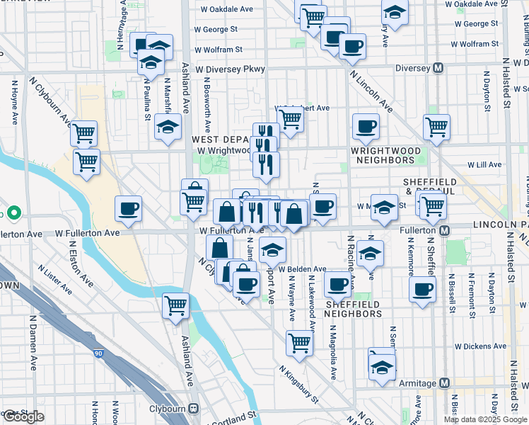 map of restaurants, bars, coffee shops, grocery stores, and more near 2447 North Southport Avenue in Chicago