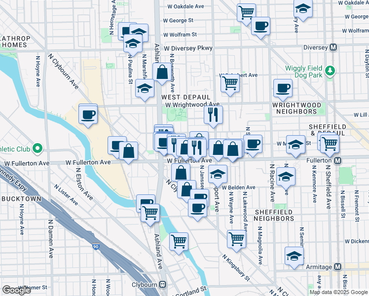 map of restaurants, bars, coffee shops, grocery stores, and more near 2442 North Greenview Avenue in Chicago