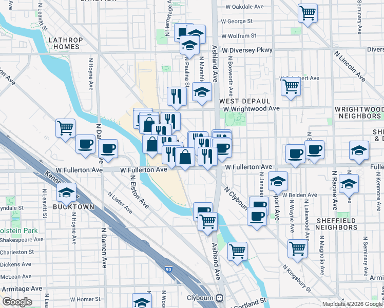 map of restaurants, bars, coffee shops, grocery stores, and more near 2449 North Clybourn Avenue in Chicago