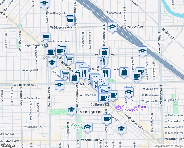 map of restaurants, bars, coffee shops, grocery stores, and more near 2456 North Mozart Street in Chicago