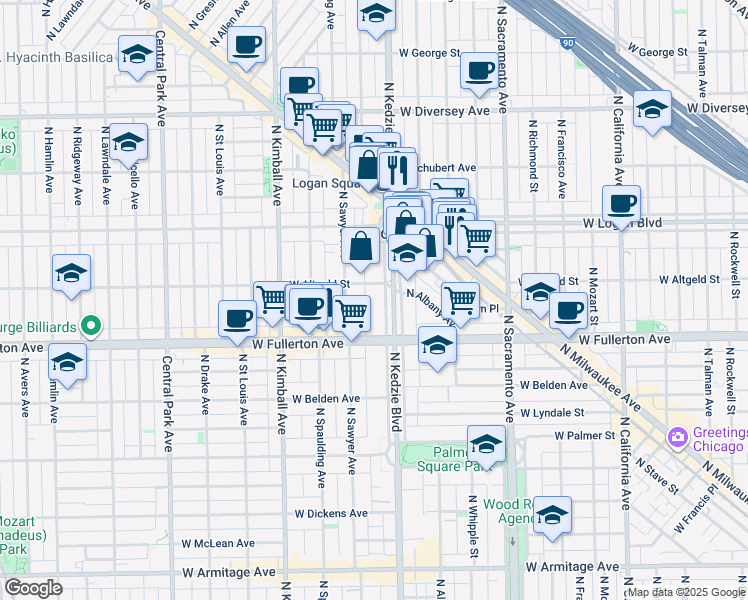 map of restaurants, bars, coffee shops, grocery stores, and more near 2454 North Kedzie Boulevard in Chicago