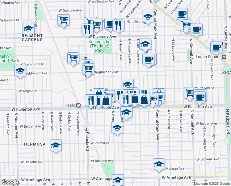 map of restaurants, bars, coffee shops, grocery stores, and more near 2503 North Avers Avenue in Chicago