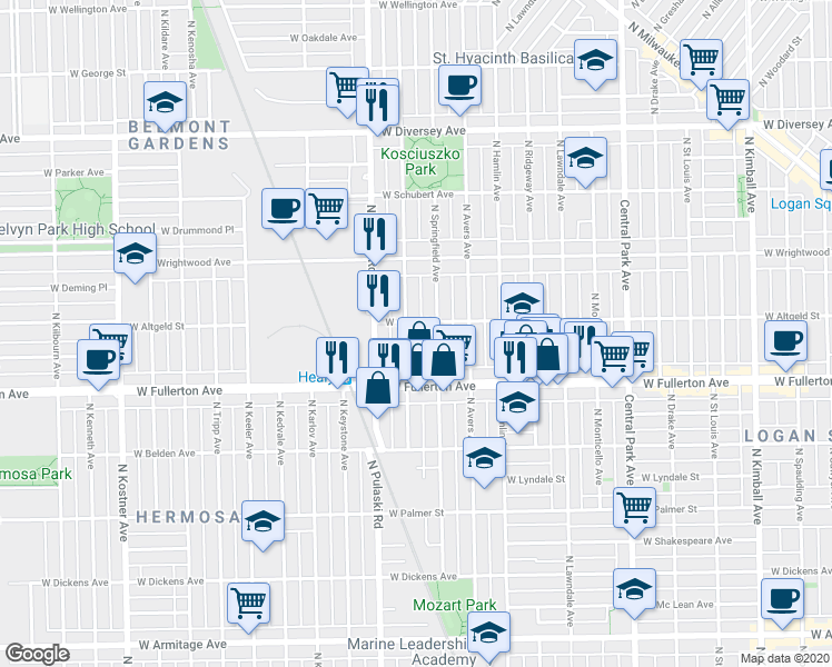 map of restaurants, bars, coffee shops, grocery stores, and more near 3906 West Altgeld Street in Chicago