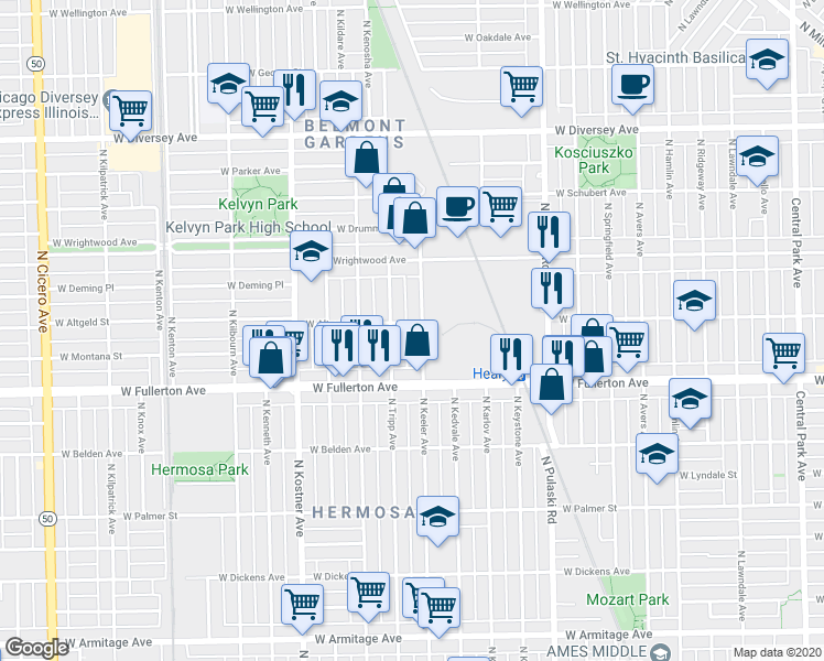 map of restaurants, bars, coffee shops, grocery stores, and more near 2504 North Keeler Avenue in Chicago