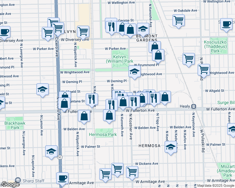 map of restaurants, bars, coffee shops, grocery stores, and more near 4434 West Altgeld Street in Chicago