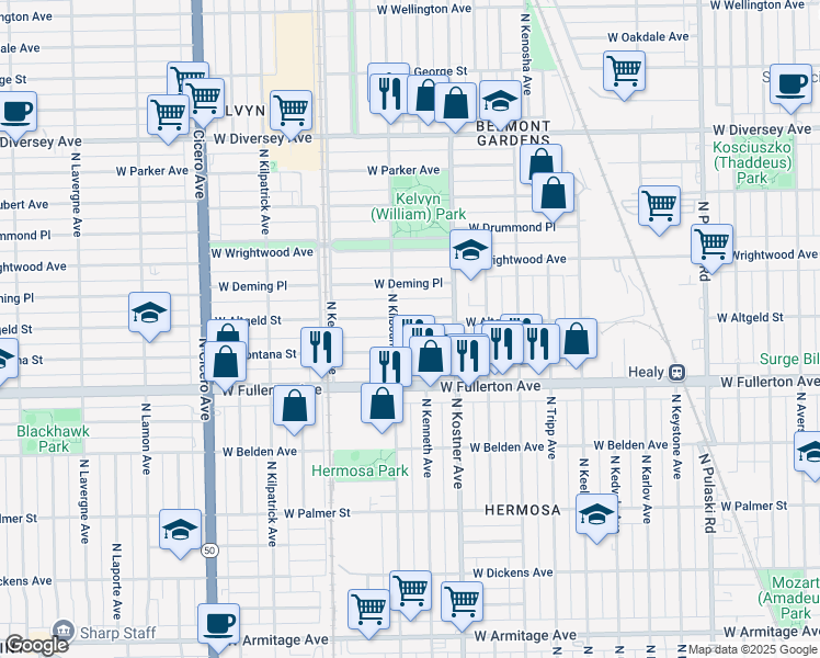 map of restaurants, bars, coffee shops, grocery stores, and more near 4434 West Altgeld Street in Chicago