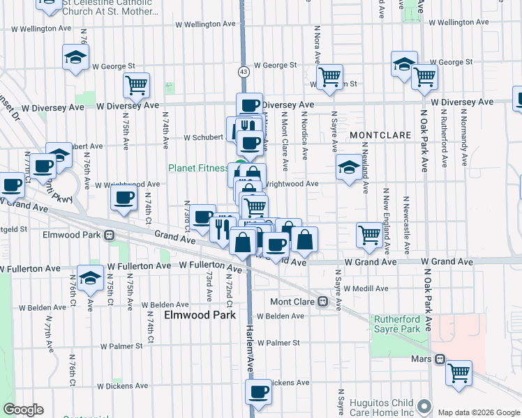 map of restaurants, bars, coffee shops, grocery stores, and more near 2536 North Neva Avenue in Chicago