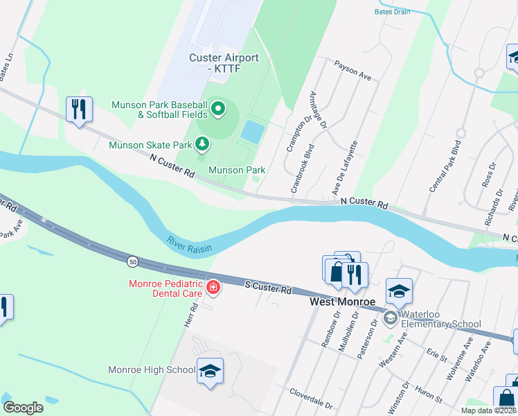map of restaurants, bars, coffee shops, grocery stores, and more near 2468 North Custer Road in Monroe