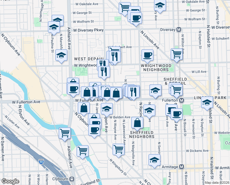map of restaurants, bars, coffee shops, grocery stores, and more near 1351 West Altgeld Street in Chicago