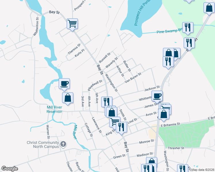 map of restaurants, bars, coffee shops, grocery stores, and more near 557 Bay Street in Taunton