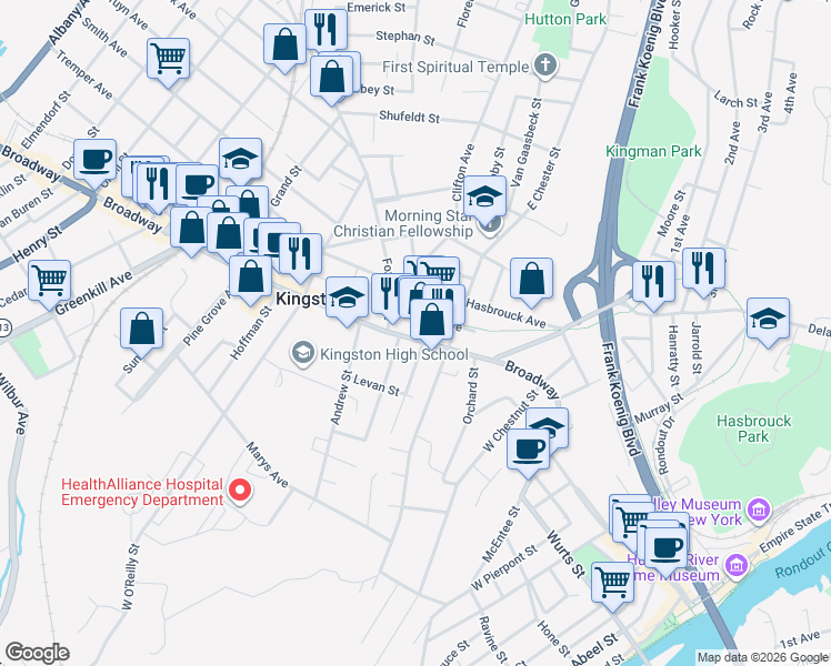 map of restaurants, bars, coffee shops, grocery stores, and more near 27 Jansen Avenue in Kingston