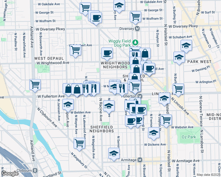 map of restaurants, bars, coffee shops, grocery stores, and more near 1123 West Montana Street in Chicago