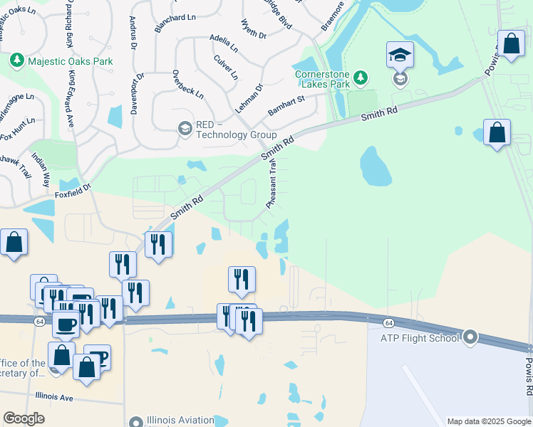 map of restaurants, bars, coffee shops, grocery stores, and more near 733 Pheasant Trail in Saint Charles