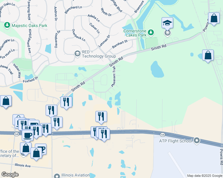 map of restaurants, bars, coffee shops, grocery stores, and more near 733 Pheasant Trail in Sint Charles