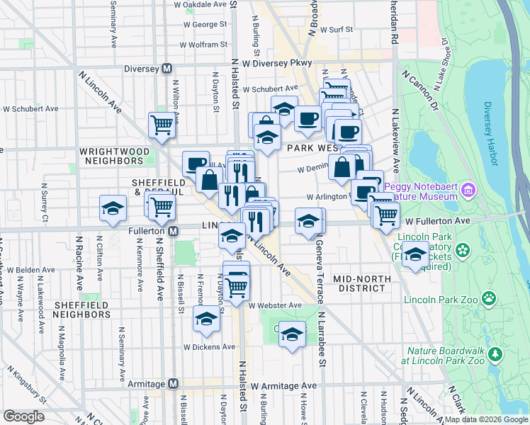 map of restaurants, bars, coffee shops, grocery stores, and more near 2434 North Orchard Street in Chicago
