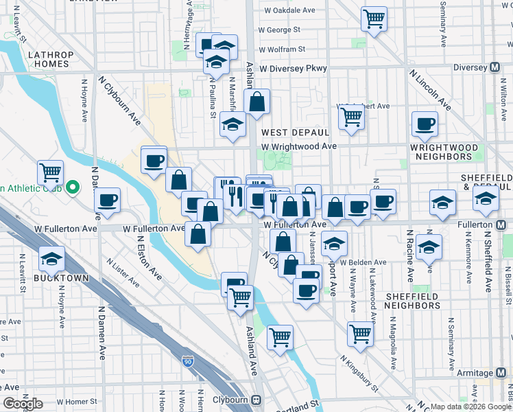map of restaurants, bars, coffee shops, grocery stores, and more near N Ashland Ave & W Montana St in Chicago