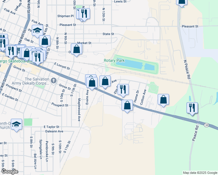 map of restaurants, bars, coffee shops, grocery stores, and more near 150 Dodge Avenue in DeKalb