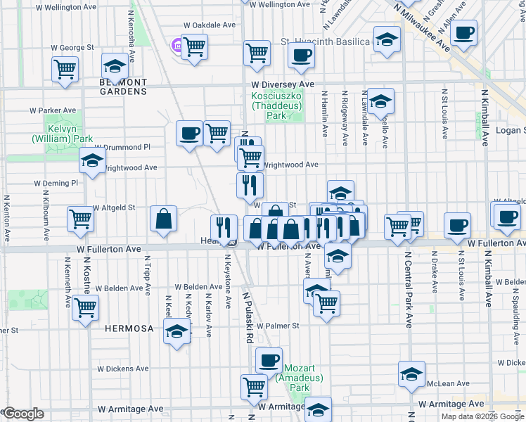 map of restaurants, bars, coffee shops, grocery stores, and more near 2452 North Harding Avenue in Chicago