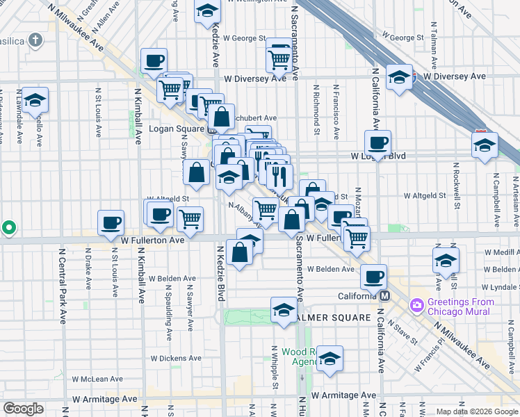 map of restaurants, bars, coffee shops, grocery stores, and more near 2504 North Linden Place in Chicago