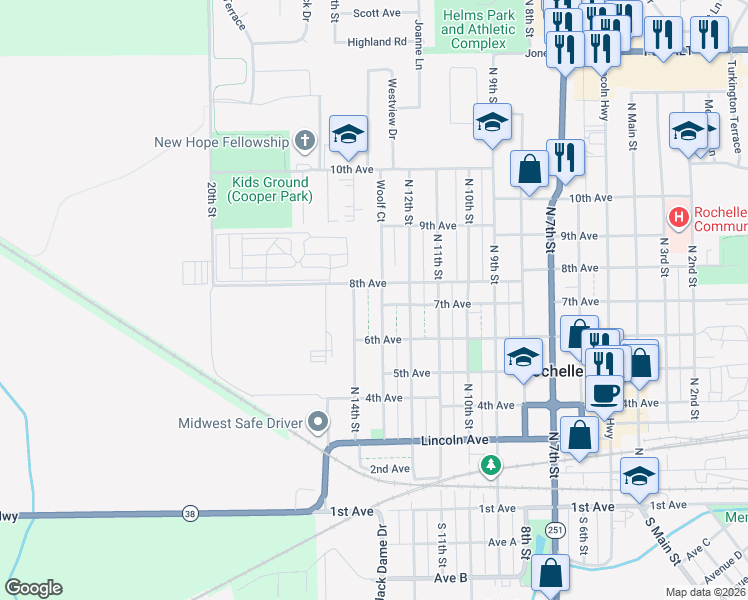 map of restaurants, bars, coffee shops, grocery stores, and more near 1220 8th Avenue in Rochelle